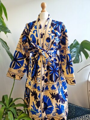 Suzani Hand Embroidered Long Jacket | Autumn Winter Boho Uzbek Kashmir Crewel | Christmas Special Gift | Classic Elegant Beige Blue | - Image 5