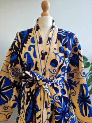 Suzani Hand Embroidered Long Jacket | Autumn Winter Boho Uzbek Kashmir Crewel | Christmas Special Gift | Classic Elegant Beige Blue | - Image 6