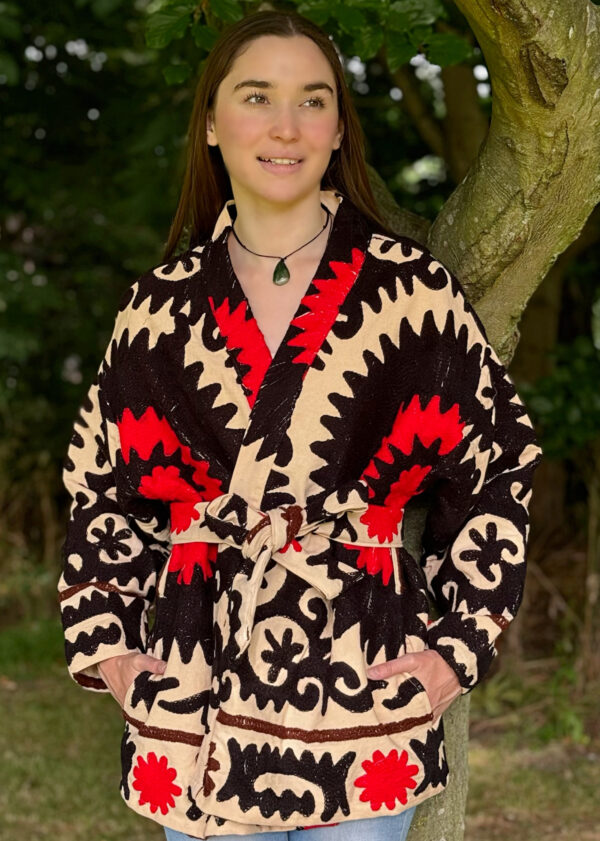Suzani Hand Embroidered Short Jacket | Autumn Winter Boho Uzbek Kashmir Crewel | Christmas Special Gift | Classic Elegant Beige Black Red |