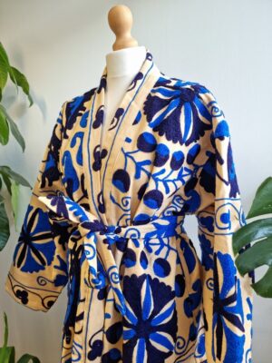 Suzani Hand Embroidered Long Jacket | Autumn Winter Boho Uzbek Kashmir Crewel | Christmas Special Gift | Classic Elegant Beige Blue | - Image 7
