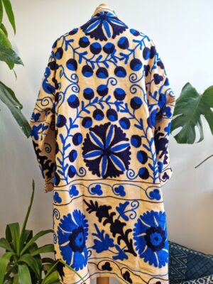 Suzani Hand Embroidered Long Jacket | Autumn Winter Boho Uzbek Kashmir Crewel | Christmas Special Gift | Classic Elegant Beige Blue | - Image 8