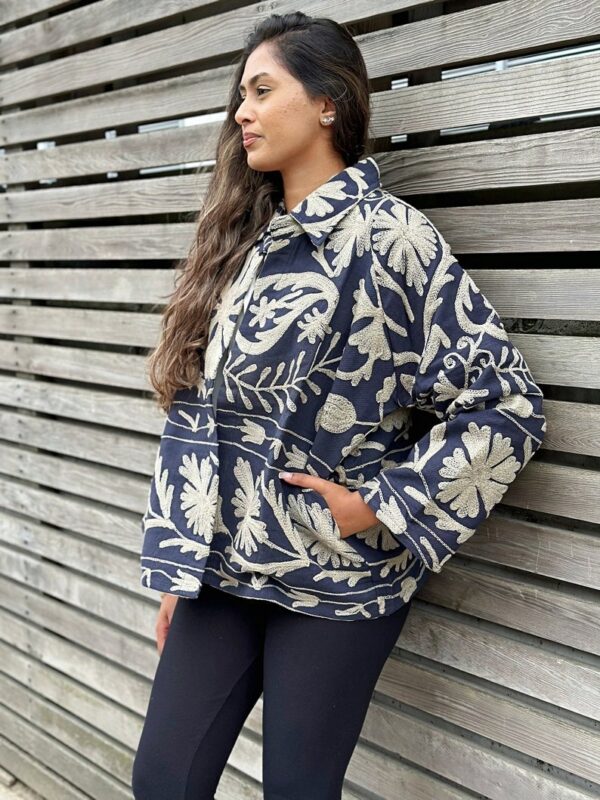 Suzani Hand Embroidered Unisex Bolero Short Artist Jacket Spring Boho Festival Yatch Special Love Gift | Spring Matt Navy Taupe Beige Tulips