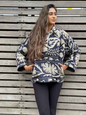 Suzani Hand Embroidered Unisex Bolero Short Artist Jacket Spring Boho Festival Yatch Special Love Gift | Spring Matt Navy Taupe Beige Tulips - Image 2