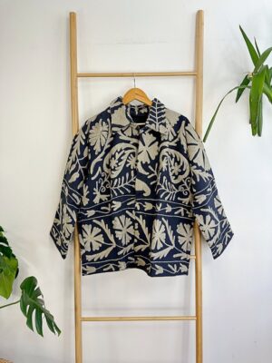 Suzani Hand Embroidered Unisex Bolero Short Artist Jacket Spring Boho Festival Yatch Special Love Gift | Spring Matt Navy Taupe Beige Tulips - Image 3