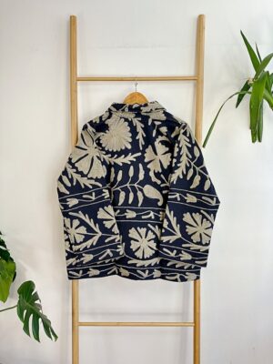 Suzani Hand Embroidered Unisex Bolero Short Artist Jacket Spring Boho Festival Yatch Special Love Gift | Spring Matt Navy Taupe Beige Tulips - Image 4