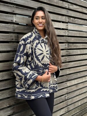 Suzani Hand Embroidered Unisex Bolero Short Artist Jacket Spring Boho Festival Yatch Special Love Gift | Spring Matt Navy Taupe Beige Tulips - Image 5