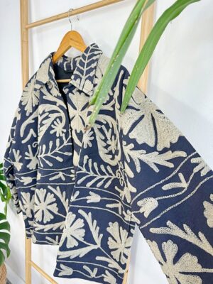 Suzani Hand Embroidered Unisex Bolero Short Artist Jacket Spring Boho Festival Yatch Special Love Gift | Spring Matt Navy Taupe Beige Tulips - Image 6