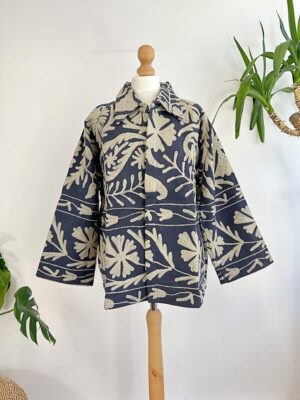Suzani Hand Embroidered Unisex Bolero Short Artist Jacket Spring Boho Festival Yatch Special Love Gift | Spring Matt Navy Taupe Beige Tulips - Image 7