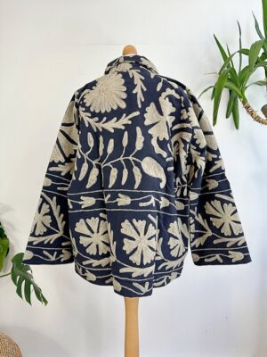 Suzani Hand Embroidered Unisex Bolero Short Artist Jacket Spring Boho Festival Yatch Special Love Gift | Spring Matt Navy Taupe Beige Tulips - Image 8