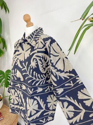 Suzani Hand Embroidered Unisex Bolero Short Artist Jacket Spring Boho Festival Yatch Special Love Gift | Spring Matt Navy Taupe Beige Tulips - Image 9
