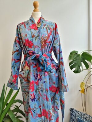 Luxury Velvet House Robe Unisex Kimono Boho Jacket Reversible Indian Silk Lined Quirky Autumn Winter Christmas Gift Iced Blue Exotic Bird - Image 2