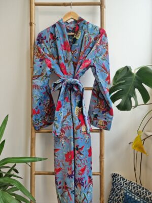 Luxury Velvet House Robe Unisex Kimono Boho Jacket Reversible Indian Silk Lined Quirky Autumn Winter Christmas Gift Iced Blue Exotic Bird - Image 3