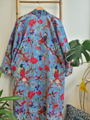 Luxury Velvet House Robe Unisex Kimono Boho Jacket Reversible Indian Silk Lined Quirky Autumn Winter Christmas Gift Iced Blue Exotic Bird - Image 4