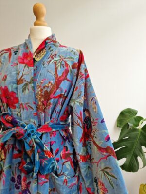 Luxury Velvet House Robe Unisex Kimono Boho Jacket Reversible Indian Silk Lined Quirky Autumn Winter Christmas Gift Iced Blue Exotic Bird - Image 5