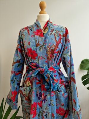 Luxury Velvet House Robe Unisex Kimono Boho Jacket Reversible Indian Silk Lined Quirky Autumn Winter Christmas Gift Iced Blue Exotic Bird - Image 6