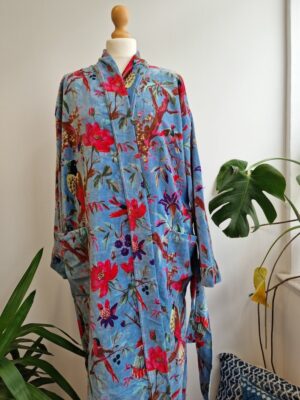 Luxury Velvet House Robe Unisex Kimono Boho Jacket Reversible Indian Silk Lined Quirky Autumn Winter Christmas Gift Iced Blue Exotic Bird - Image 7
