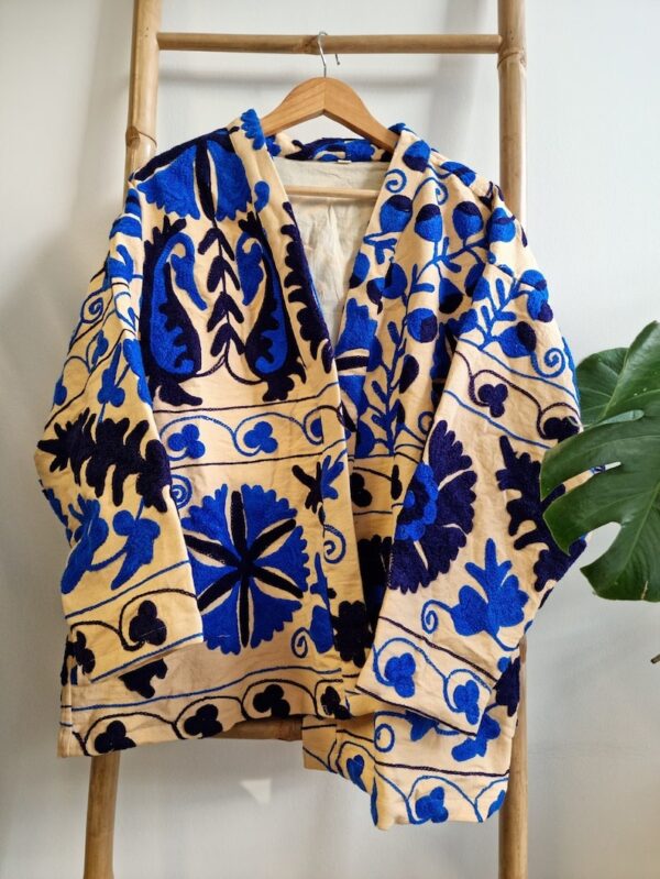 Suzani Hand Embroidered Short Jacket | Autumn Winter Boho Uzbek Kashmir Crewel | Christmas Special Gift | Classic Elegant Beige Blue |