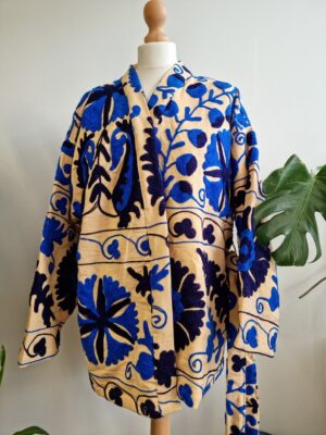 Suzani Hand Embroidered Short Jacket | Autumn Winter Boho Uzbek Kashmir Crewel | Christmas Special Gift | Classic Elegant Beige Blue | - Image 2