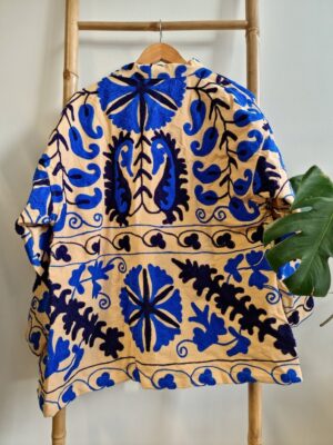 Suzani Hand Embroidered Short Jacket | Autumn Winter Boho Uzbek Kashmir Crewel | Christmas Special Gift | Classic Elegant Beige Blue | - Image 3
