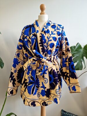 Suzani Hand Embroidered Short Jacket | Autumn Winter Boho Uzbek Kashmir Crewel | Christmas Special Gift | Classic Elegant Beige Blue | - Image 4