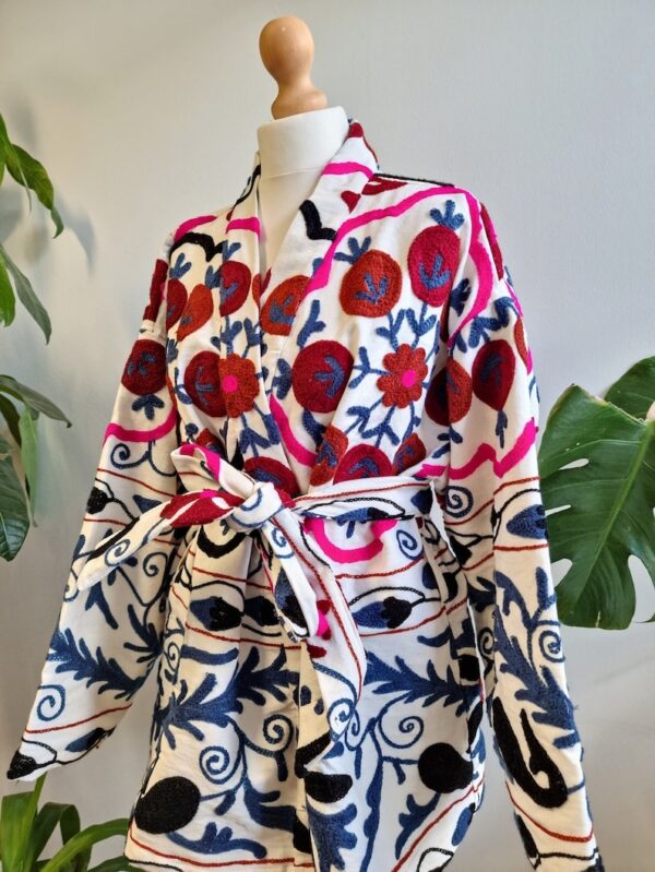 Suzani Hand Embroidered Short Jacket | Autumn Winter Boho Uzbek Kashmir Crewel | Christmas Special Gift | Classic Elegant Cream Plum Blue |