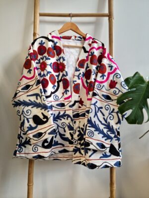 Suzani Hand Embroidered Short Jacket | Autumn Winter Boho Uzbek Kashmir Crewel | Christmas Special Gift | Classic Elegant Cream Plum Blue | - Image 2