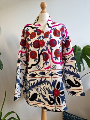 Suzani Hand Embroidered Short Jacket | Autumn Winter Boho Uzbek Kashmir Crewel | Christmas Special Gift | Classic Elegant Cream Plum Blue | - Image 3