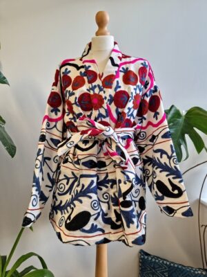 Suzani Hand Embroidered Short Jacket | Autumn Winter Boho Uzbek Kashmir Crewel | Christmas Special Gift | Classic Elegant Cream Plum Blue | - Image 5