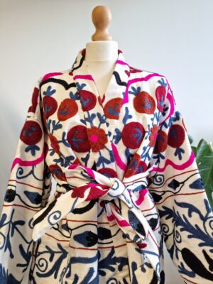 Suzani Hand Embroidered Short Jacket | Autumn Winter Boho Uzbek Kashmir Crewel | Christmas Special Gift | Classic Elegant Cream Plum Blue | - Image 6