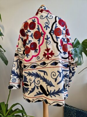 Suzani Hand Embroidered Short Jacket | Autumn Winter Boho Uzbek Kashmir Crewel | Christmas Special Gift | Classic Elegant Cream Plum Blue | - Image 7