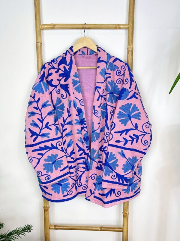 Suzani Hand Embroidered Short Bolero Front Tie Cotton Jacket | Spring Festival Coat Boho Crewel | Love Special Gift | Pink Blue Summer Joy