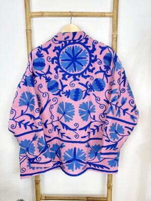 Suzani Hand Embroidered Short Bolero Front Tie Cotton Jacket | Spring Festival Coat Boho Crewel | Love Special Gift | Pink Blue Summer Joy - Image 2