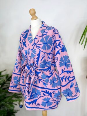 Suzani Hand Embroidered Short Bolero Front Tie Cotton Jacket | Spring Festival Coat Boho Crewel | Love Special Gift | Pink Blue Summer Joy - Image 3