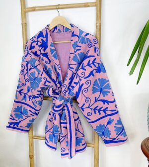 Suzani Hand Embroidered Short Bolero Front Tie Cotton Jacket | Spring Festival Coat Boho Crewel | Love Special Gift | Pink Blue Summer Joy - Image 6