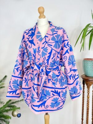 Suzani Hand Embroidered Short Bolero Front Tie Cotton Jacket | Spring Festival Coat Boho Crewel | Love Special Gift | Pink Blue Summer Joy - Image 7