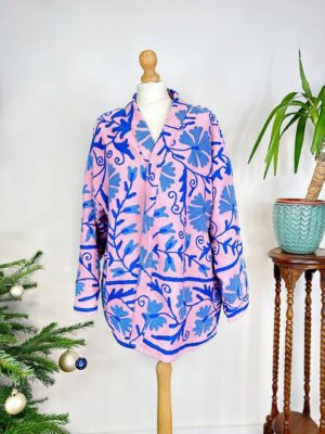 Suzani Hand Embroidered Short Bolero Front Tie Cotton Jacket | Spring Festival Coat Boho Crewel | Love Special Gift | Pink Blue Summer Joy - Image 8