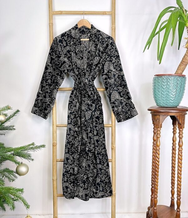 Luxury Velvet House Robe Unisex Kimono Boho Jacket Reversible Art Silk Lined Winter Gift | Royal Regal Black Gold Ornate Baroque Paisley