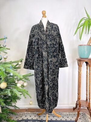 Luxury Velvet House Robe Unisex Kimono Boho Jacket Reversible Art Silk Lined Winter Gift | Royal Regal Black Gold Ornate Baroque Paisley - Image 4