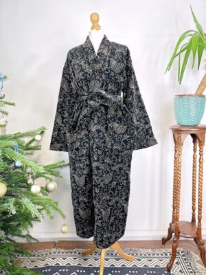 Luxury Velvet House Robe Unisex Kimono Boho Jacket Reversible Art Silk Lined Winter Gift | Royal Regal Black Gold Ornate Baroque Paisley - Image 5