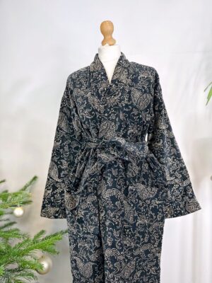 Luxury Velvet House Robe Unisex Kimono Boho Jacket Reversible Art Silk Lined Winter Gift | Royal Regal Black Gold Ornate Baroque Paisley - Image 6