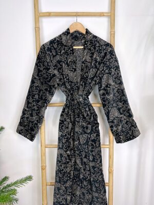 Luxury Velvet House Robe Unisex Kimono Boho Jacket Reversible Art Silk Lined Winter Gift | Royal Regal Black Gold Ornate Baroque Paisley - Image 8