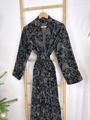 Luxury Velvet House Robe Unisex Kimono Boho Jacket Reversible Art Silk Lined Winter Gift | Royal Regal Black Gold Ornate Baroque Paisley - Image 9