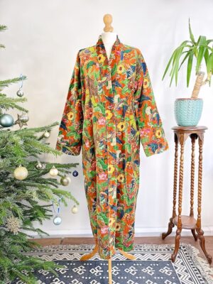 Luxury Velvet House Robe Unisex Kimono Boho Jacket Reversible Indian Silk Lined Winter Gift Quirky Monkey Urban Rust Orange | Jungle Romance - Image 2