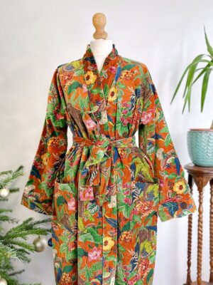 Luxury Velvet House Robe Unisex Kimono Boho Jacket Reversible Indian Silk Lined Winter Gift Quirky Monkey Urban Rust Orange | Jungle Romance - Image 4