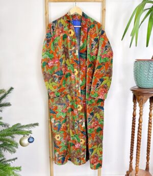 Luxury Velvet House Robe Unisex Kimono Boho Jacket Reversible Indian Silk Lined Winter Gift Quirky Monkey Urban Rust Orange | Jungle Romance - Image 5