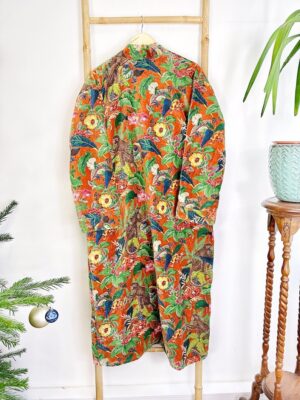 Luxury Velvet House Robe Unisex Kimono Boho Jacket Reversible Indian Silk Lined Winter Gift Quirky Monkey Urban Rust Orange | Jungle Romance - Image 6
