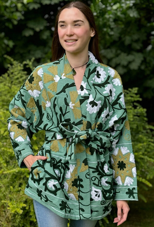 Suzani Hand Embroidered Short Jacket | Autumn Winter Boho Uzbek Kashmir Crewel | Christmas Special Gift | Classic Elegant Slated Aqua Green