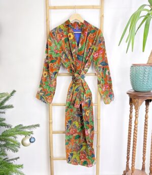 Luxury Velvet House Robe Unisex Kimono Boho Jacket Reversible Indian Silk Lined Winter Gift Quirky Monkey Urban Rust Orange | Jungle Romance - Image 7