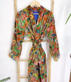Luxury Velvet House Robe Unisex Kimono Boho Jacket Reversible Indian Silk Lined Winter Gift Quirky Monkey Urban Rust Orange | Jungle Romance - Image 8