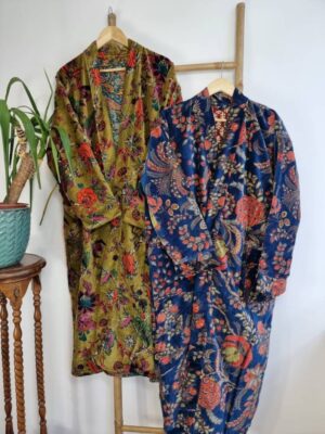 Luxury Velvet House Robe Unisex Kimono Boho Jacket Indian Silk Lined | Autumn Winter Christmas Gift | Elegant Royal Teal Petrol Blue Orange - Image 4